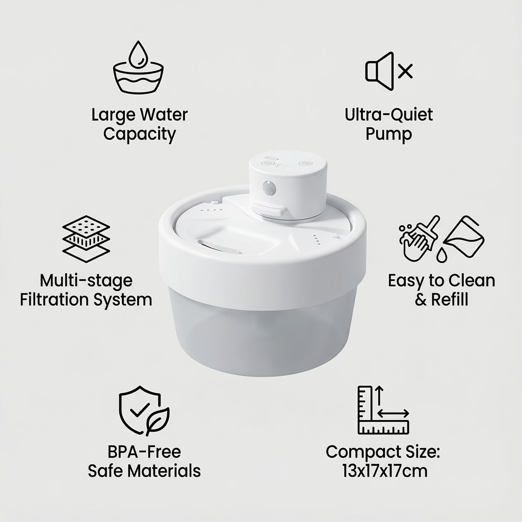 Cat Water Fountain 1L with USB Cable, Compact Automatic Circulating Pet Drinking Dispenser with Visible Reservoir for Indoor Cats and Small Dogs