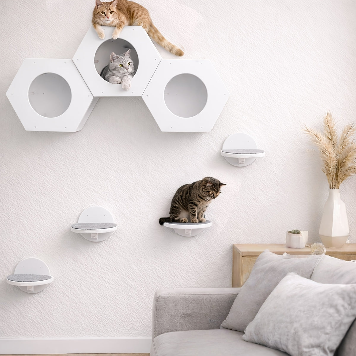 Cat Wall Shelves with Hexagon House, 4-Piece Wooden Climbing Furniture Set with 3 Steps and Scratching Post for Small and Medium Indoor Cats up to 20 lbs