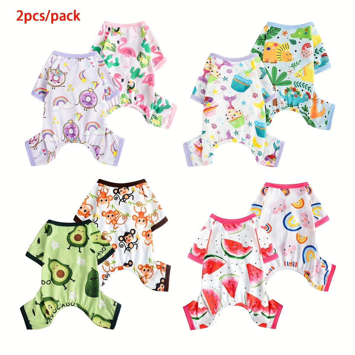 Dog Pajama Set of 2, Machine-Washable Knit Pullover Onesies with Four-Leg Design and Elastic Waist for Small Dog Lounging and Everyday Wear