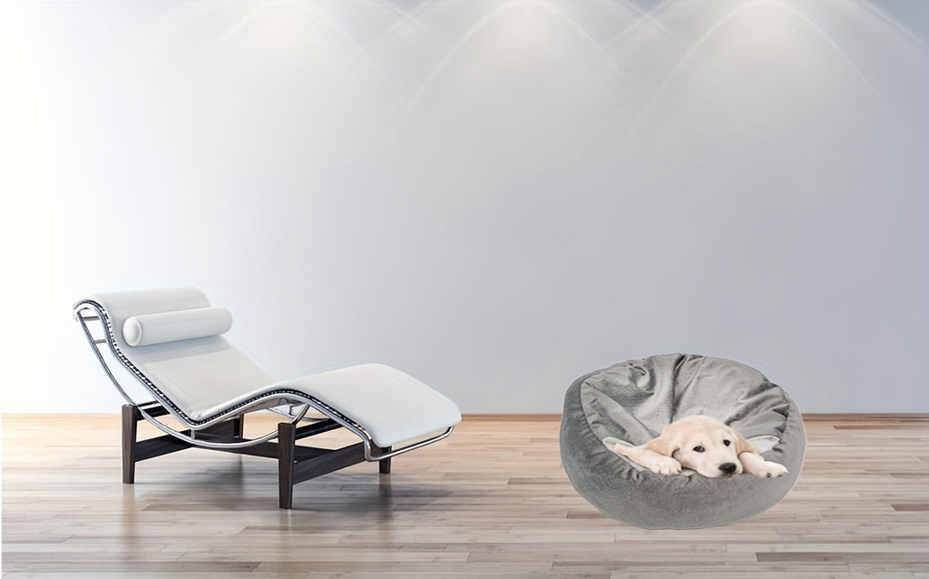 Donut Cave Dog Bed with Hooded Blanket, Fluffy Round Pet Nest with Raised Edges and Non-Slip Bottom for Indoor Dogs and Cats, Beige or Grey