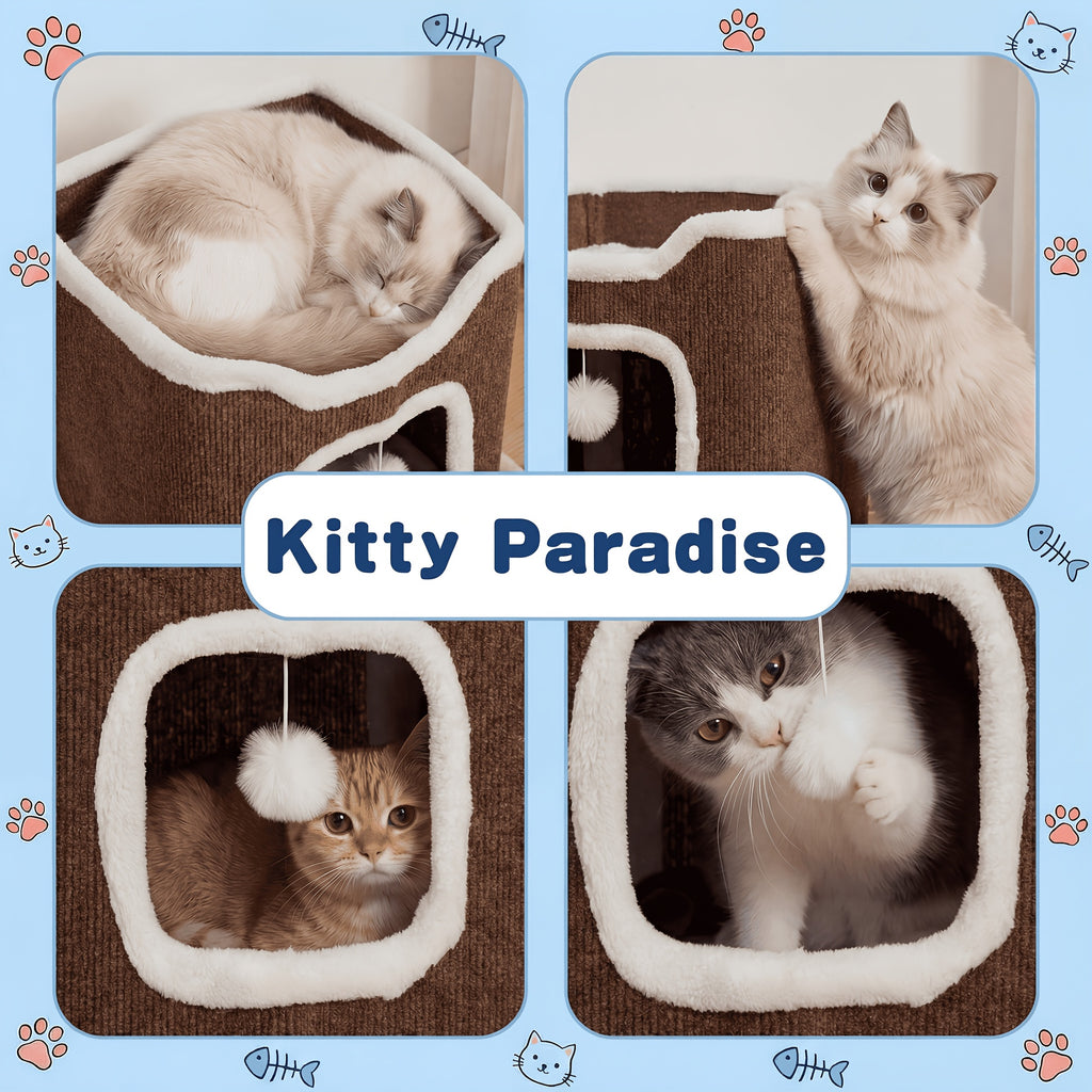 Cat Condo Bed with Hideaway Nests, Soft Lounging Platform and Hanging Ball Toys, Indoor Cat Furniture in Blue, Camel, Coffee or Beige