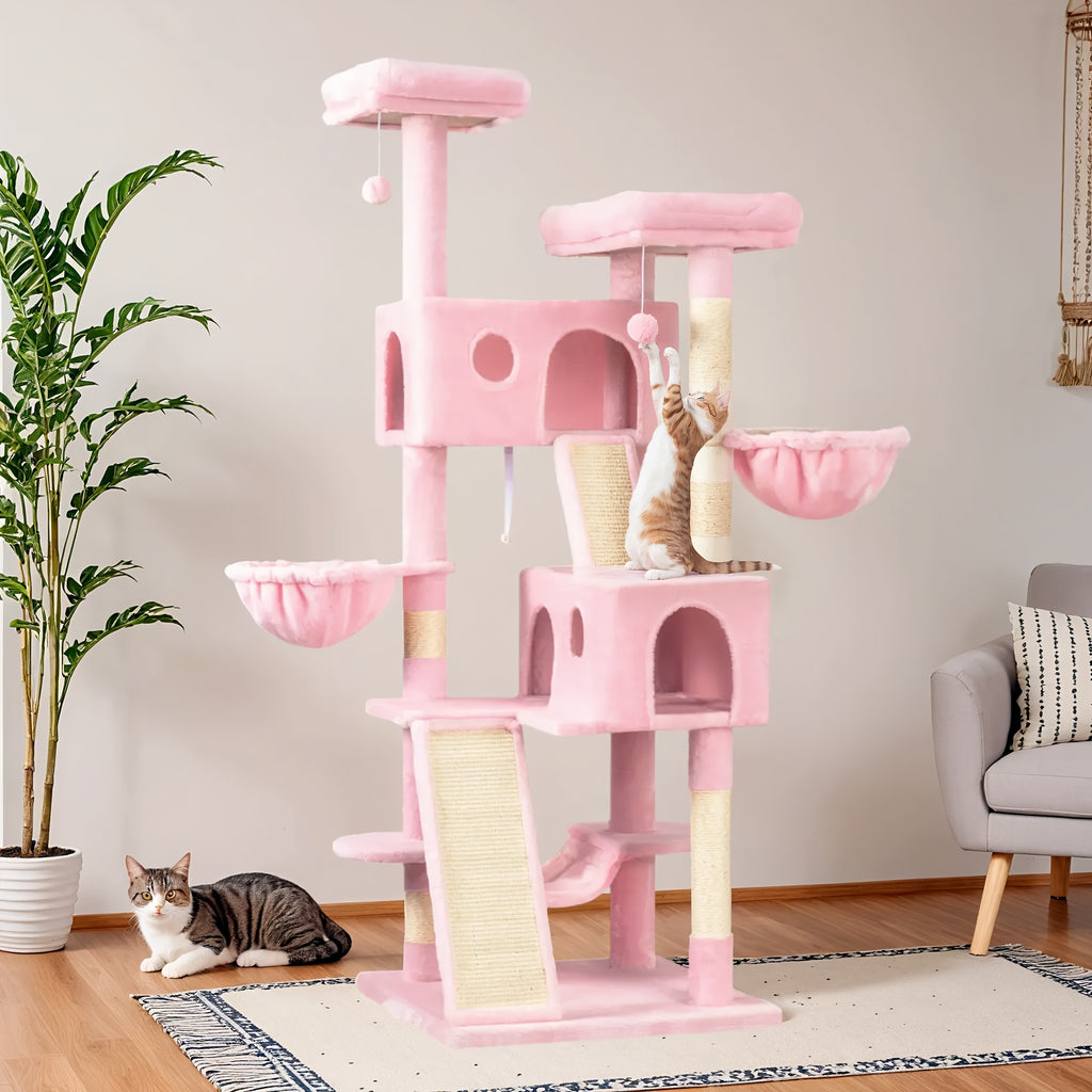 65 Inch Cat Tree Tower for Indoor Cats, Multi-Level Plush Cat Condo with Basket Beds, Hammock, Sisal Scratching Posts and Wide Base, Six Color Options