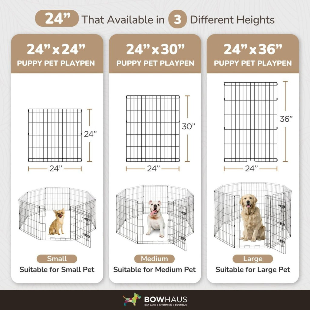Dog Playpen with Gate and 8 Foldable Metal Panels, Portable Indoor Outdoor Exercise Fence for Small Dogs, 24 Inch and 36 Inch Size Options