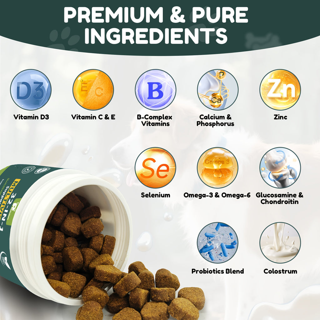 Canine Multivitamin Chews with Glucosamine, MSM, Omega 3 and 6 and Probiotics, Chicken Flavor Dog Supplement in a 120 Count Soft Chew Tub
