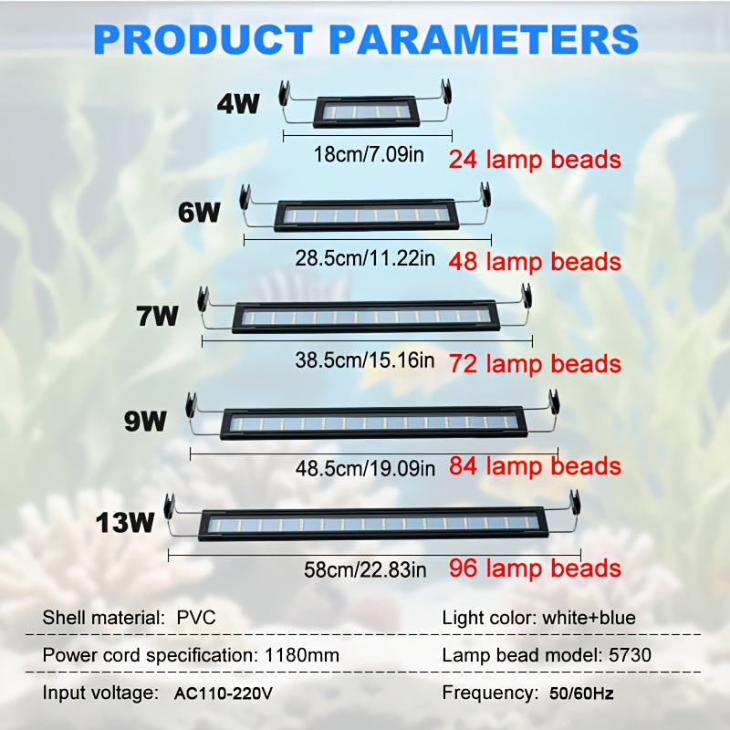 Aquarium Plant Light with Retractable Stand, Blue and White Fish Tank Lighting for Open-Top Home Aquariums, Five Sizes for 7.09-26.77 Inch Tanks