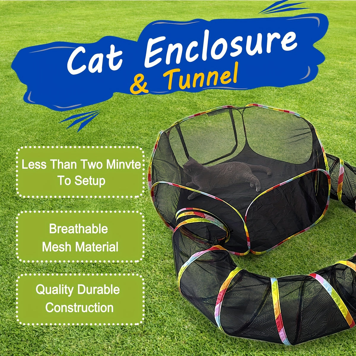 Portable Cat Catio with Circle Tunnel, Rainbow Mesh Tent and Playpen for Indoor Cats and Kittens, Supervised Backyard Exploration with Storage Bag