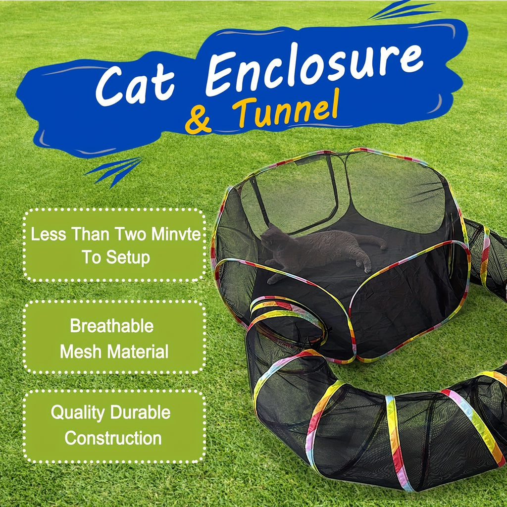 Portable Cat Catio with Circle Tunnel, Rainbow Mesh Tent and Playpen for Indoor Cats and Kittens, Supervised Backyard Exploration with Storage Bag