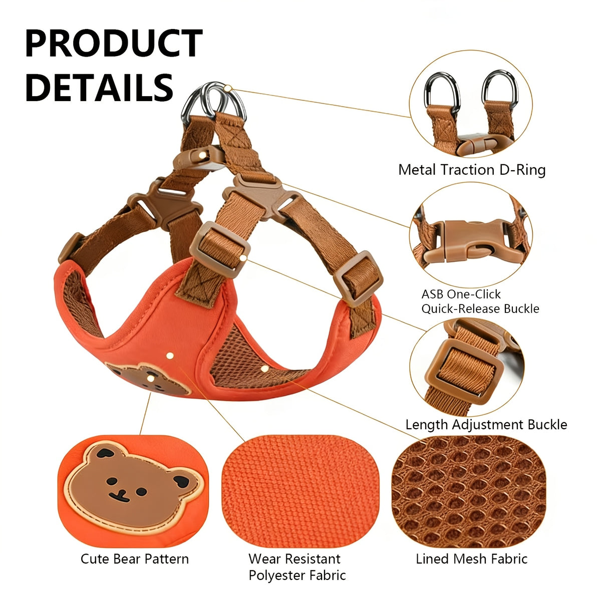 Bear Dog Harness and Leash Set with Cartoon Vest Design, 59-Inch Walking Lead, Green, Khaki or Orange Colors and S or L Sizes