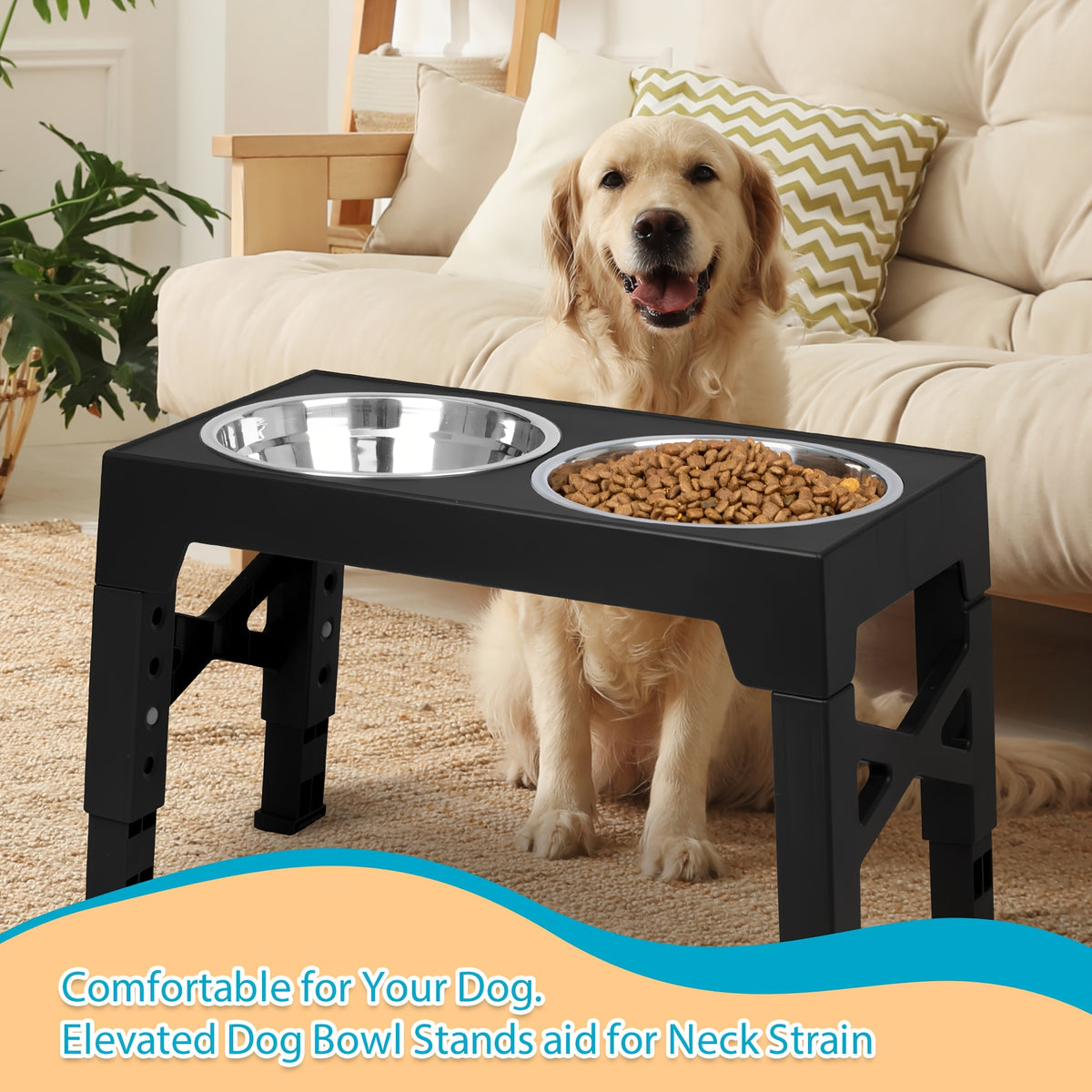 Five-Height Elevated Dog Bowls with 2 Stainless Steel Dishes, Foldable Raised Food and Water Stand from 3.15 to 12.2 Inches in Black or Gray