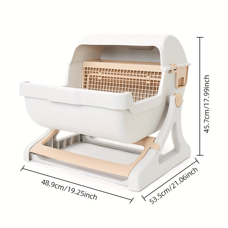 Cat Litter Box with Removable Grid, Rectangular Indoor Cat Pan in Beige or Pink for Everyday Pet Waste Management and Convenient Routine Cleaning