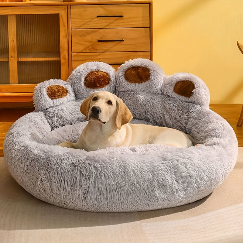 Plush Dog Bed with Bear Paw Shape, Soft Faux Fur Cat Sleeping Cushion with Non-Slip Bottom, Coffee Pink or Gray for Pets up to 30 lbs