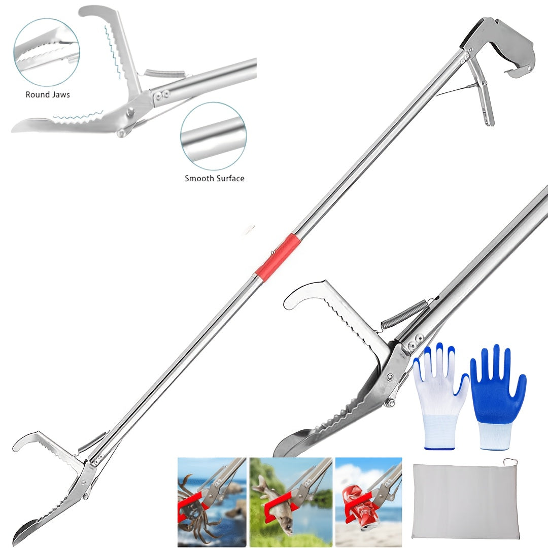 Snake Tongs with Foldable Telescopic Pole, Heavy-Duty 304 Stainless Steel Reptile Handling Tool with Non-Slip Ergonomic Handle for Cleanup