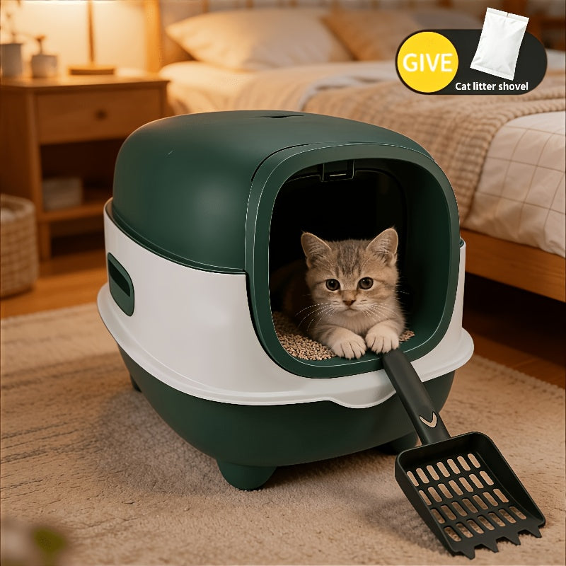 Cat Litter Box with Full Cover and Scoop, Spill-Reducing Enclosed Kitty Toilet in Gray or Blue for Indoor Potty Routines and Easy Daily Cleanup