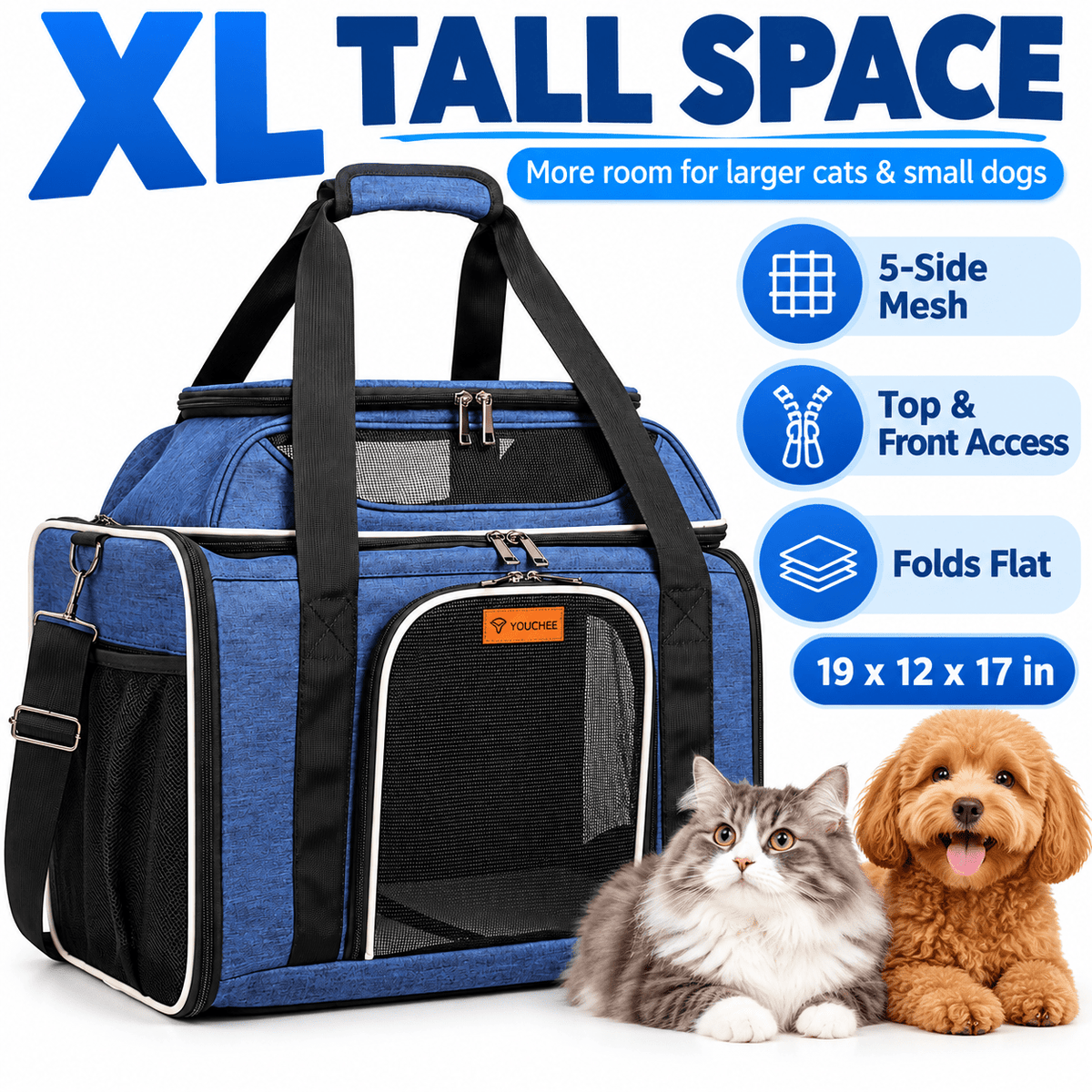 XL Soft-Sided Pet Carrier 19 x 12 x 17 Inch for Cats and Small Dogs up to 25 lbs, Five-Side Mesh Travel Bag with Expandable Top and Removable Mat