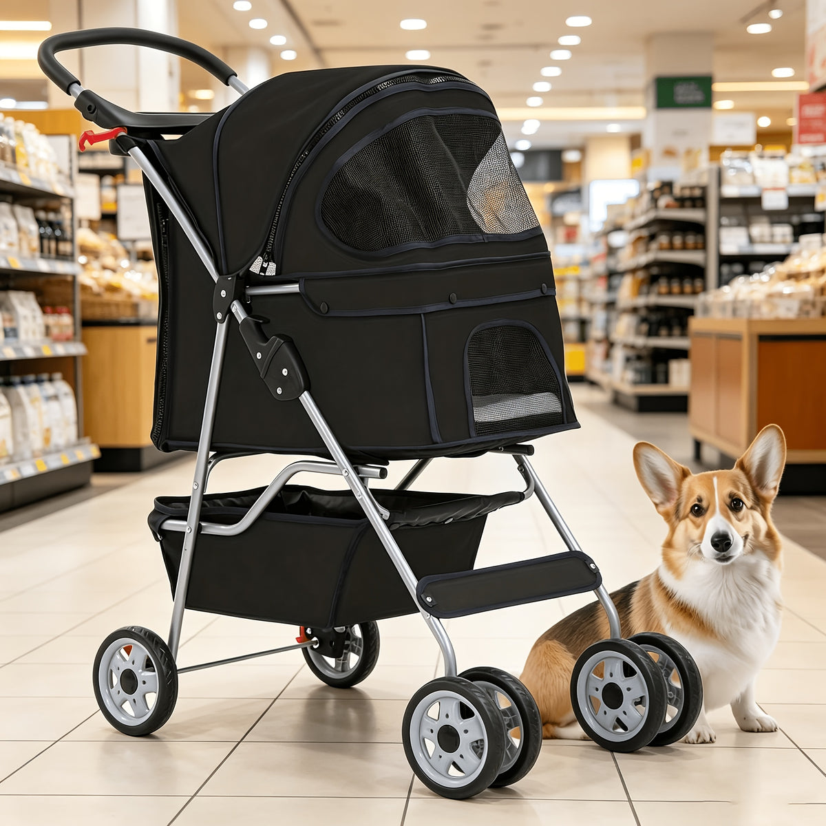 Pet Stroller with Four-Wheel Layout, Folding Frame and Mesh Canopy, Dog and Cat Pushchair with Storage Basket, Cup Holder and Removable Liner