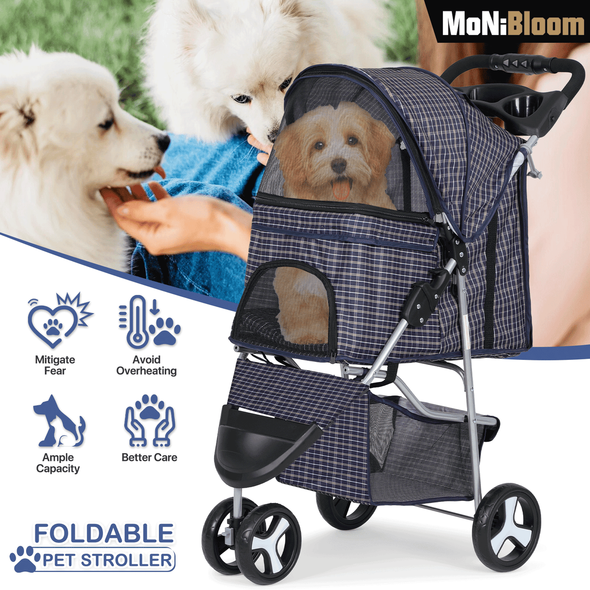 Three-Wheel Dog Stroller with Weather Cover, Foldable Mesh Pet Pushchair for Small Dogs and Cats, Storage Basket, Cup Holder and 10 Style Options