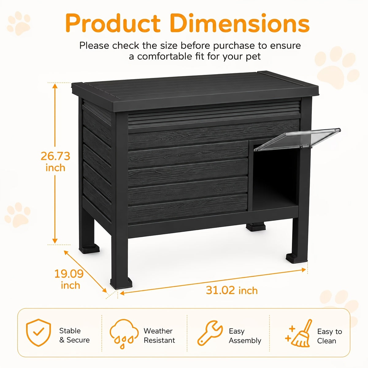 Cat House with Openable Doors, Black Resin Indoor and Sheltered Outdoor Cat Shelter, Easy-Clean Resting Space, 31.02 x 19.09 x 26.73 Inches