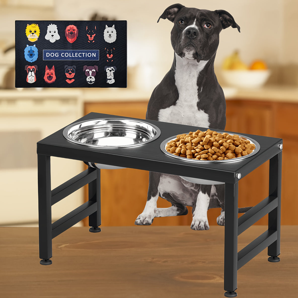 Raised Dog Feeding Station with Two 2L Stainless Steel Bowls, Metal Stand and Splash Mat for Large Dogs, 10 or 15.5 Inch Height Options