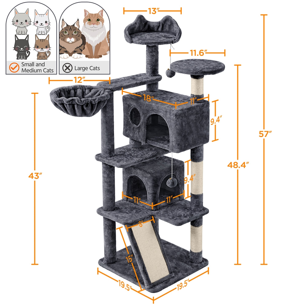 Cat Tree 57 Inch with Two Condos, Plush Multi-Level Indoor Kitten Tower with Round Platform, Ladder and Dangling Ball for Small Cats