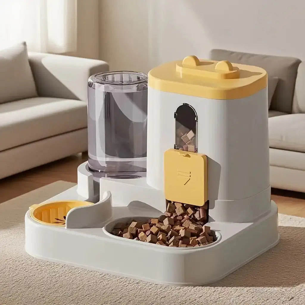 Pet Feeder and Water Dispenser Combo with Cat-Ear Lid, Visible Dry Food Window and Siphon Water Bottle for Cats and Small Dogs, Three Color Options