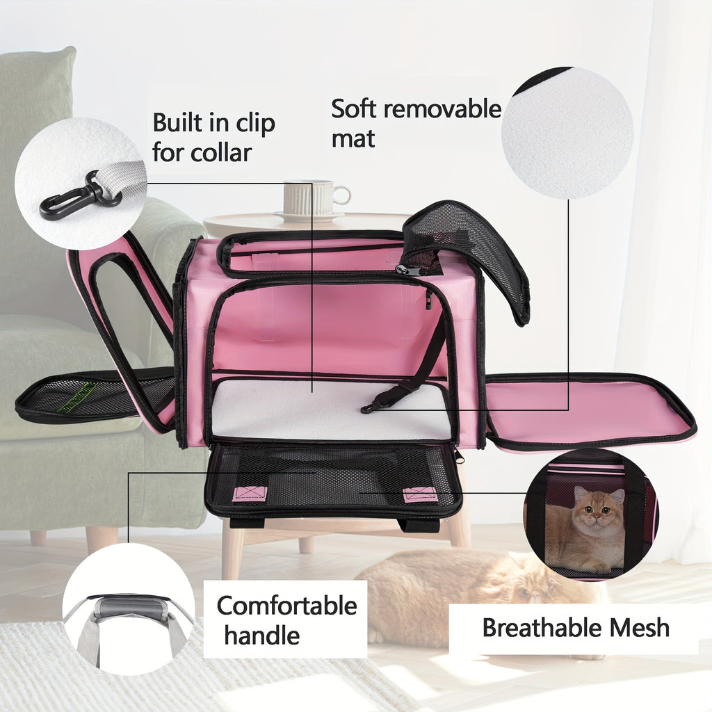 Cat Travel Carrier with Mesh Windows, Collapsible Soft-Sided Pet Bag for Cats and Small Dogs Under 15 lbs, Shoulder Strap and Padded Carry Handle