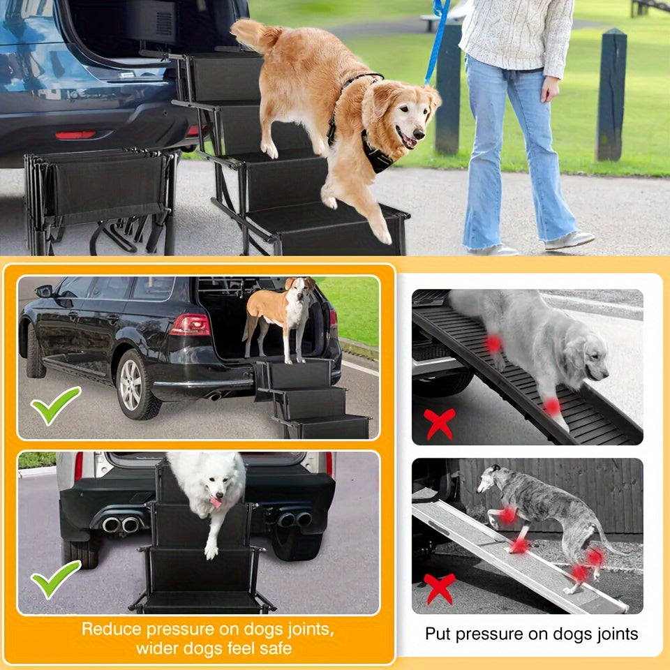 Folding Dog Car Stairs with Non-Slip Steps, Collapsible Pet Access Ladder with Attachment Strap for Cars, SUVs and Trucks, Black Upgrade Model