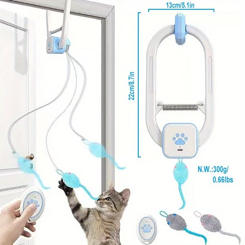 Flying Bird Cat Toy with Remote Control, Blue Electric Interactive Bird for Indoor Cats and Kittens, Hanging Motion for Supervised Play