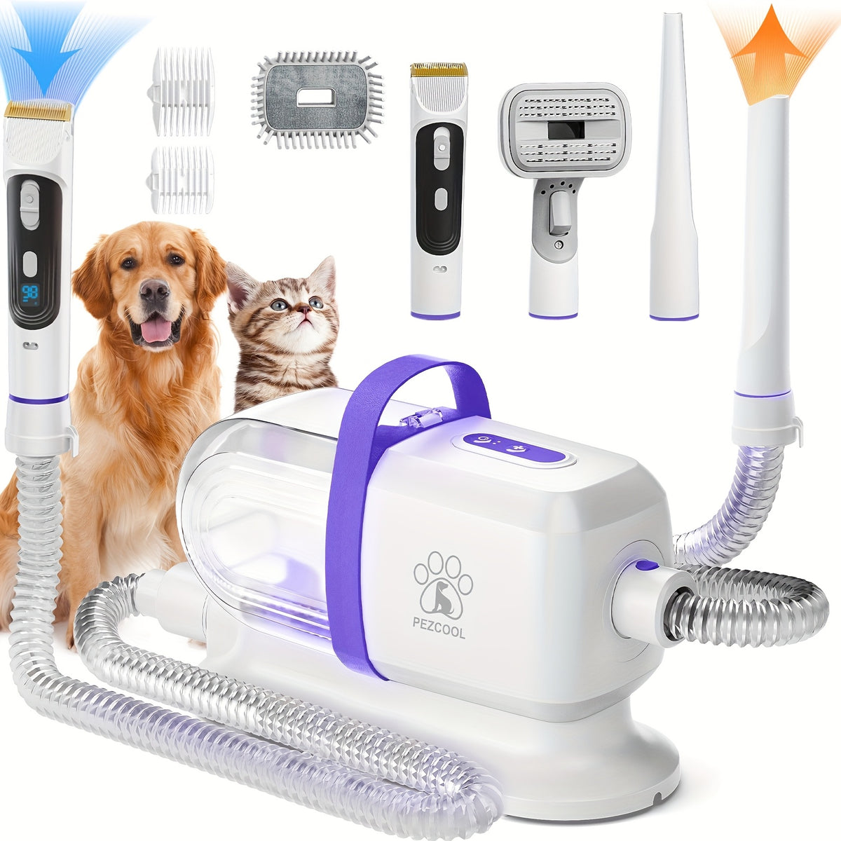 Pet Grooming Vacuum 12000Pa with 2.2L Dust Cup and 3 Suction Levels, Orange or Purple Dog Hair Collection System with 8-in-1 Kit Options