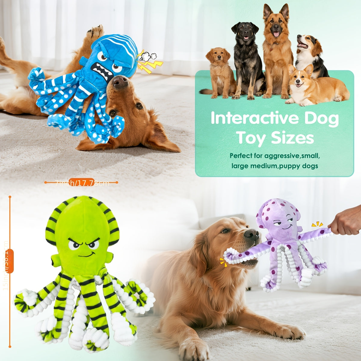 Octopus Dog Toys 3 Pack, Soft Plush Sound-Making Toy Set for Small, Medium and Large Dogs, Interactive Gentle Tug and Indoor Play