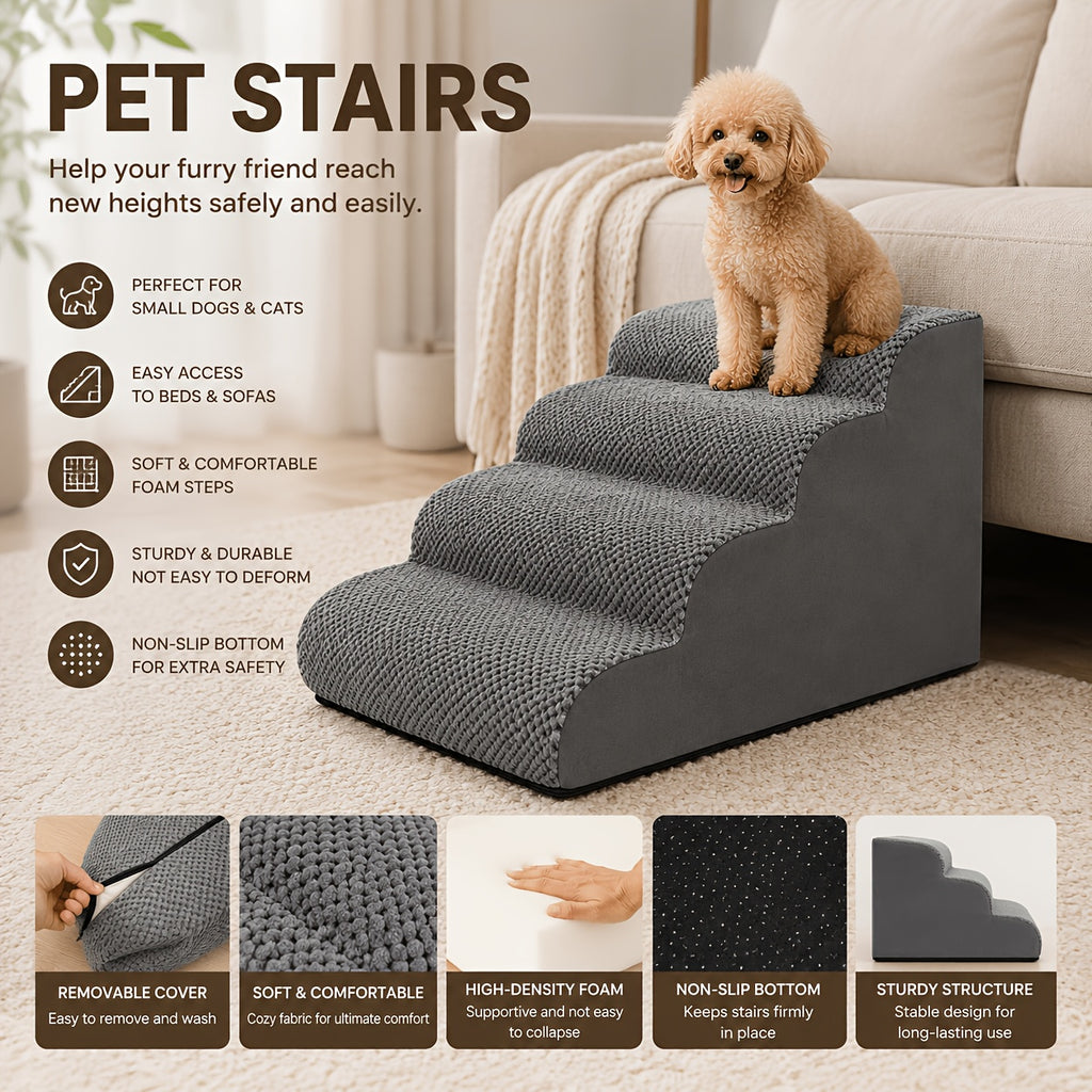 Dog Steps for Couch and Bed, High-Density Foam Pet Stairs with Curved Climbing Design for Dogs and Cats, Indoor Furniture Access in Gray or White Options