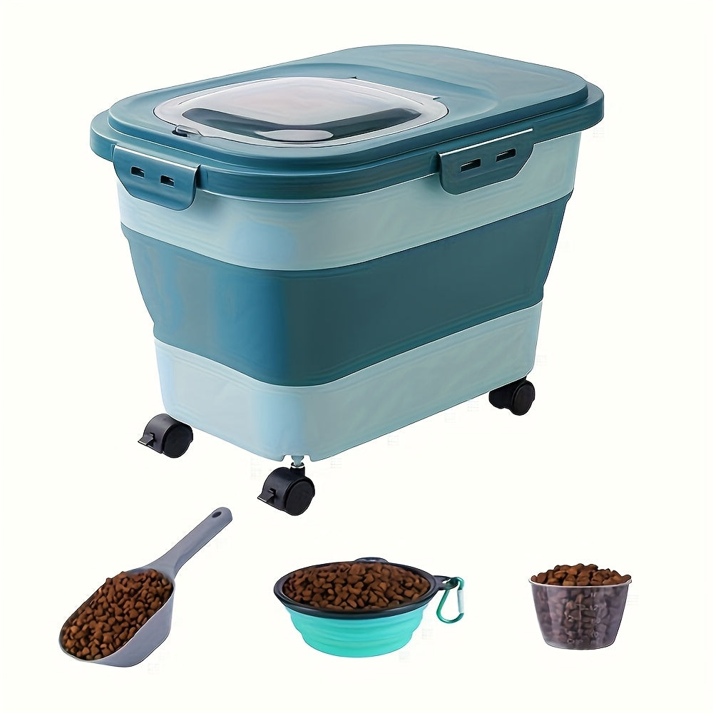 Pet Food Storage Container with Measuring Cup, Foldable Square Plastic Dry Dog and Cat Food Bin with Wheels and Sealing Lid for Pantry Organization