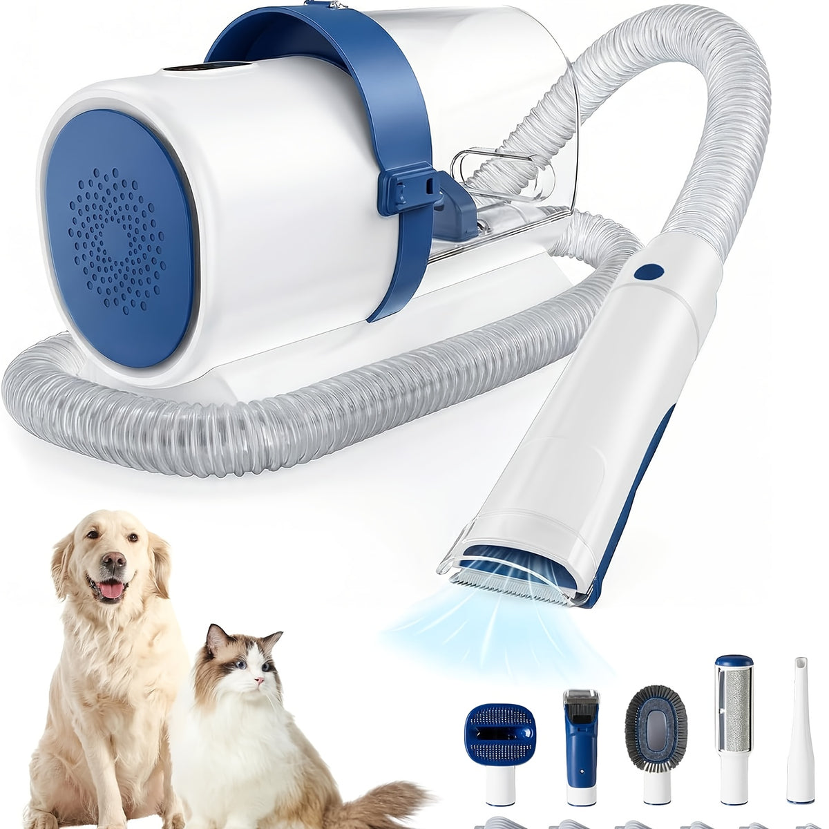 Pet Hair Grooming Vacuum Kit, 5-in-1 Dog and Cat Clippers with 6 Guide Combs, Adjustable Suction and Brushes for At-Home Coat Care