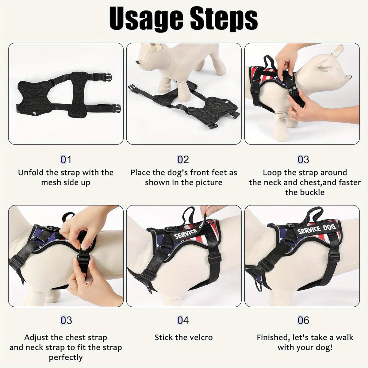 Dog Harness Patch Kit with 5 Patches, Reflective Adjustable Oxford Walking Vest with Mesh Lining, Padded Handle and Three Leash Rings, XS to XL
