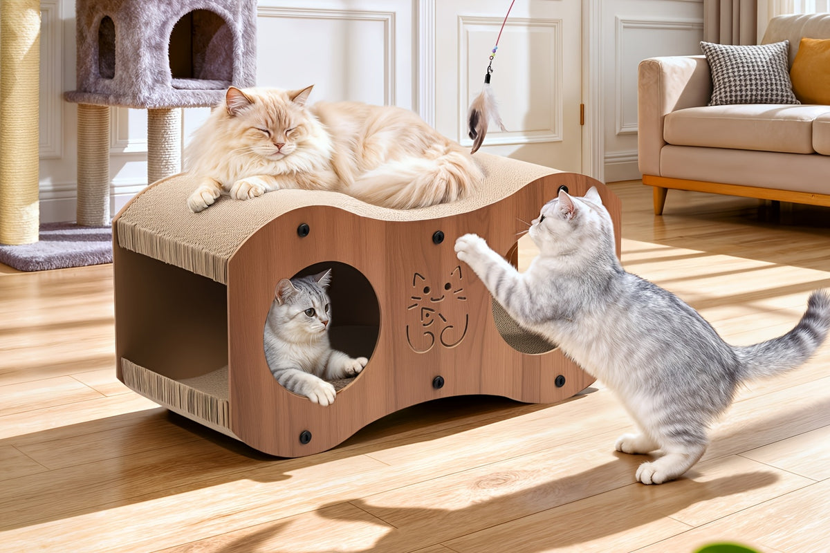 Cat Scratching Post with Integrated Bed and Woven Scratch Pad, Indoor Cat Lounging and Play Furniture with Cat Toy, Oak or Walnut Color Options