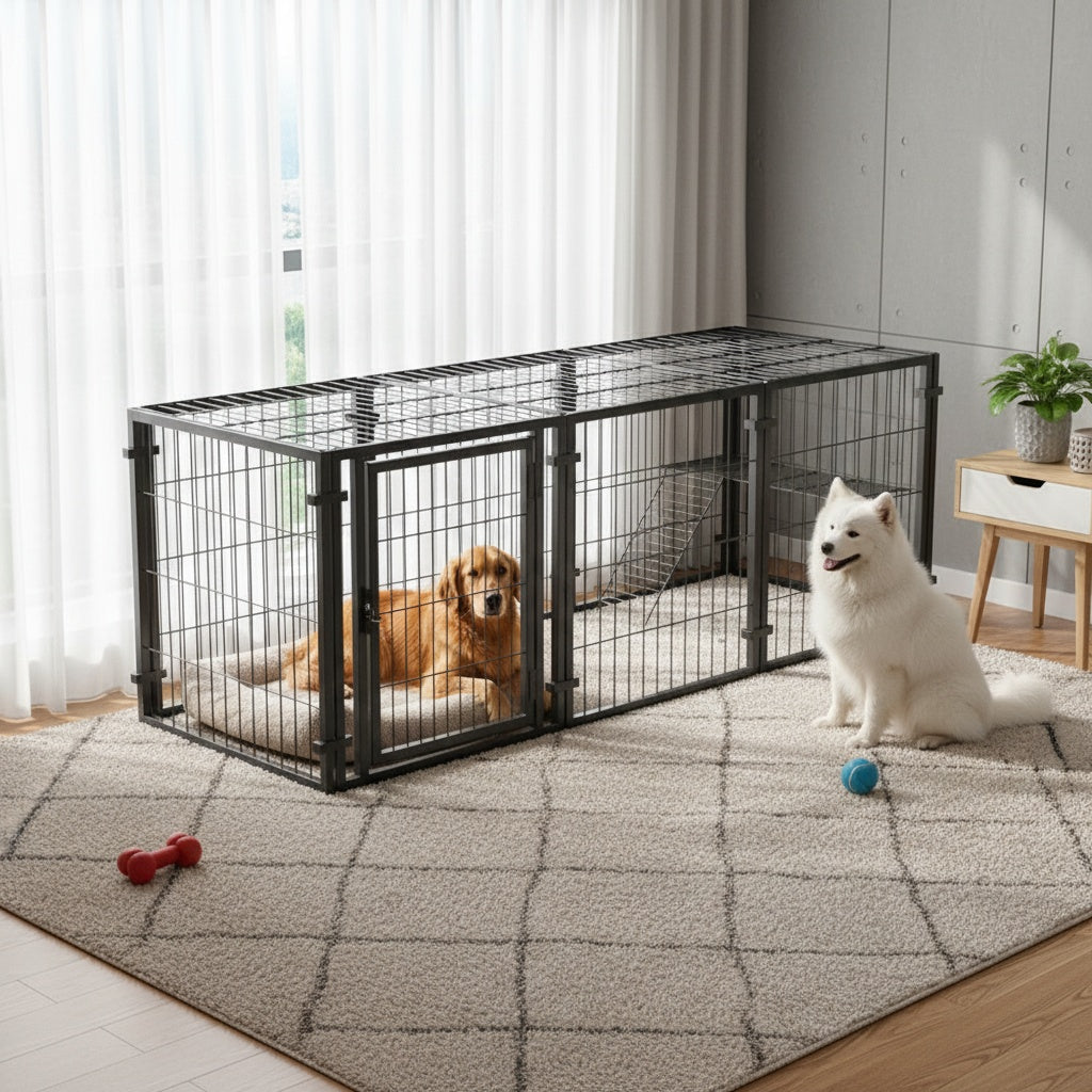 Dog Playpen with Roof and Lockable Door, Heavy-Duty Metal Panel Pet Enclosure for Large Dogs, Indoor Outdoor Use, Model MD25-Pen47-Metal