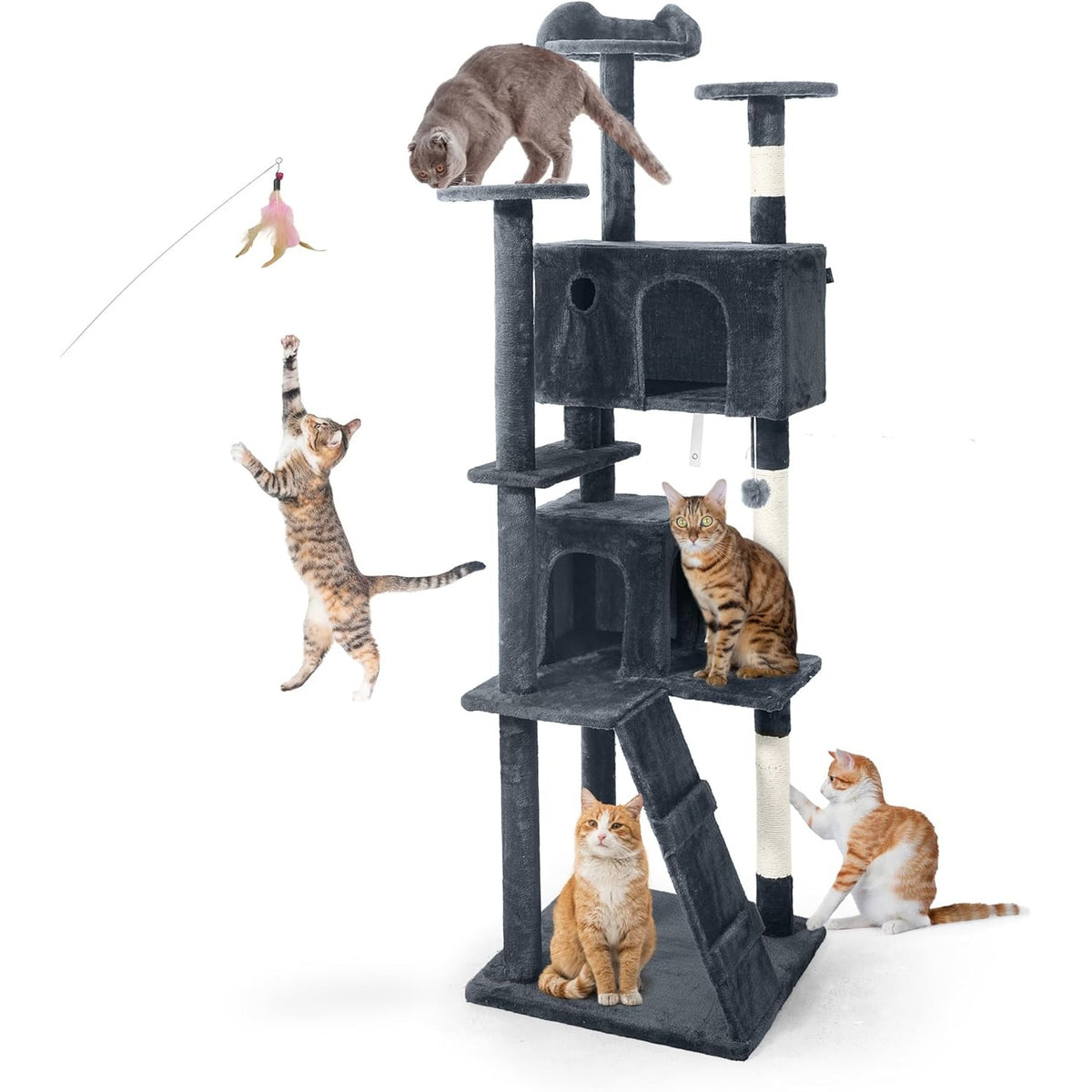 Cat Tree for Large Indoor Cats, 74 Inch Multi-Level Tower with Widened Perch, Sisal Scratching Posts, Tunnel, Basket, Condo and Wand Toy, Smoky Grey