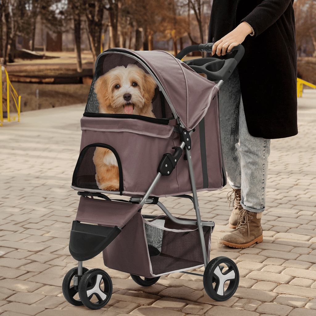 Foldable Dog Stroller for Small Dogs and Cats, 3-Wheel Pet Pushchair with Weather Cover, Breathable Mesh, Storage Basket and Cup Holder