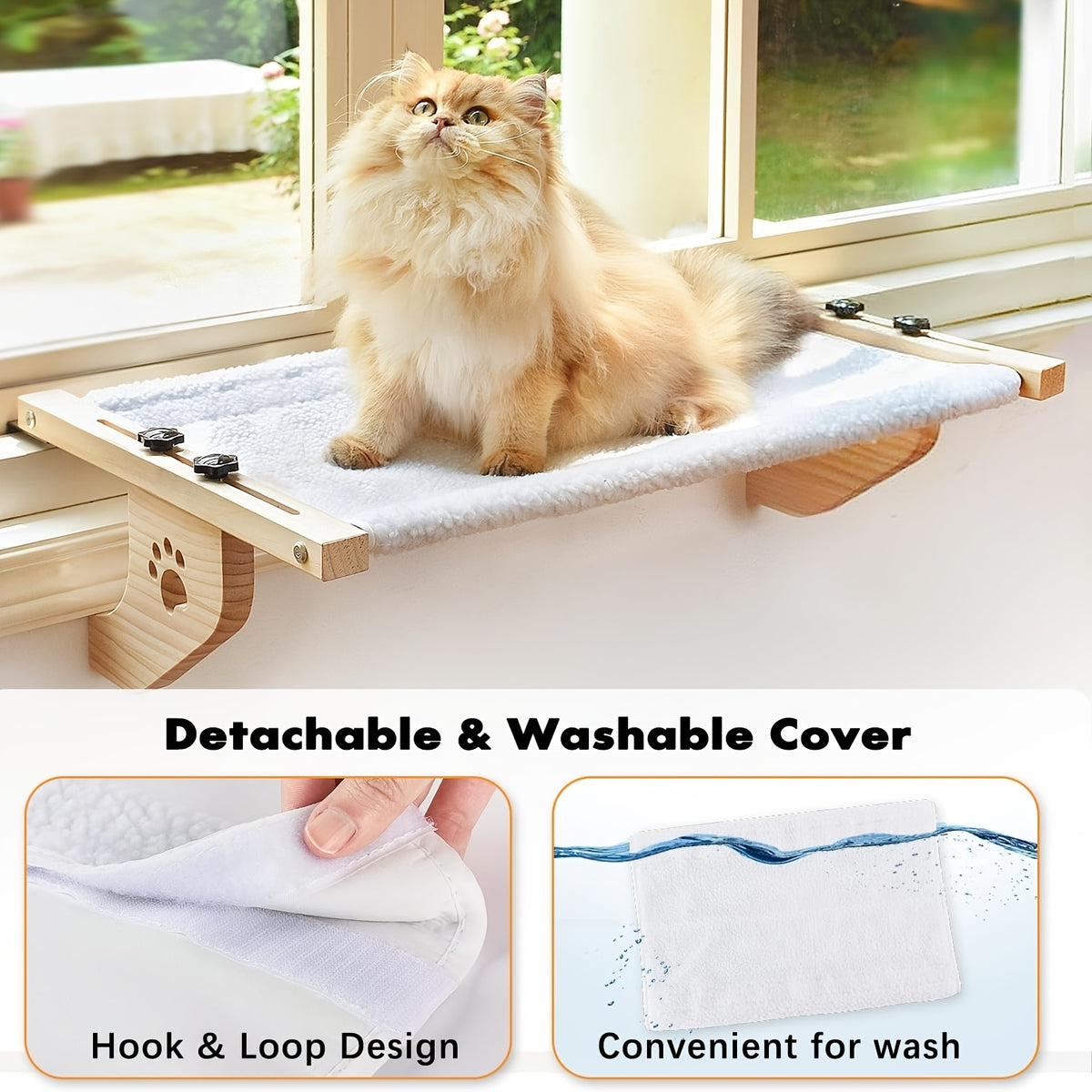 Cat Window Perch with Adjustable Wood and Metal Frame, Indoor Cat Hammock for Compatible Windowsills, Bedsides, Drawers and Cabinets
