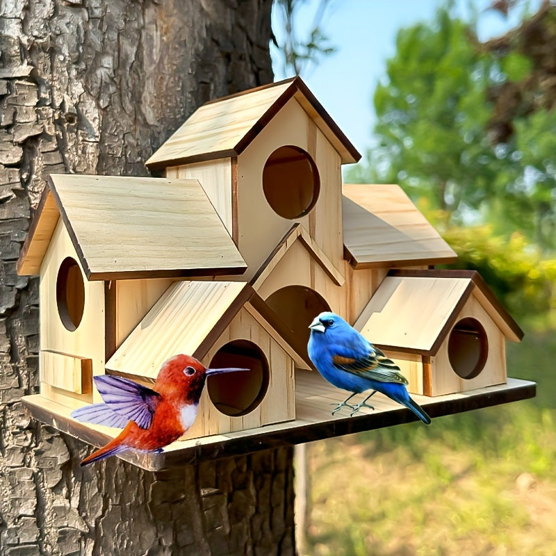 Villa Style Wooden Birdhouse with Multiple Entry Openings, Compact Wood Color Bird House for Outdoor Garden Decor and Bird Lover Gifts