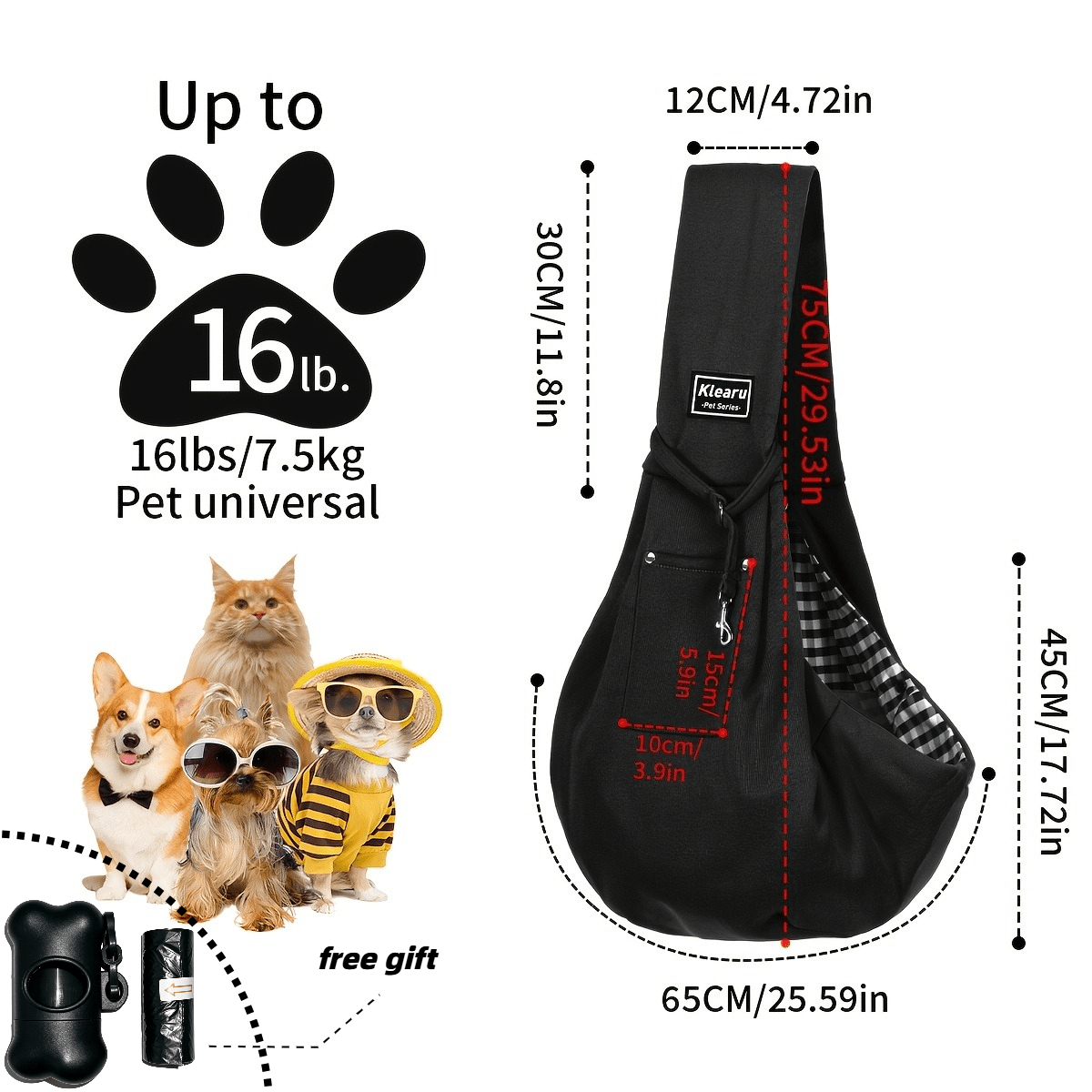 Crossbody Pet Carrier Sling for Dogs and Cats, Lightweight Breathable Foldable Travel Bag with 15 Poop Bags and Dispenser for Everyday Outings