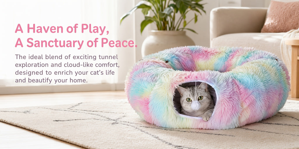 Plush Cat Tunnel Bed for Indoor Cats, 2-in-1 Foldable Donut Hideaway with Removable Washable Mat and Hanging Toy Ball, Four Color Options