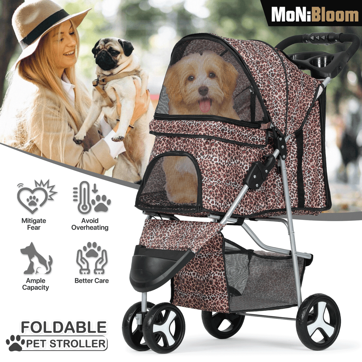 Three-Wheel Dog Stroller with Weather Cover, Foldable Mesh Pet Pushchair for Small Dogs and Cats, Storage Basket, Cup Holder and 10 Style Options