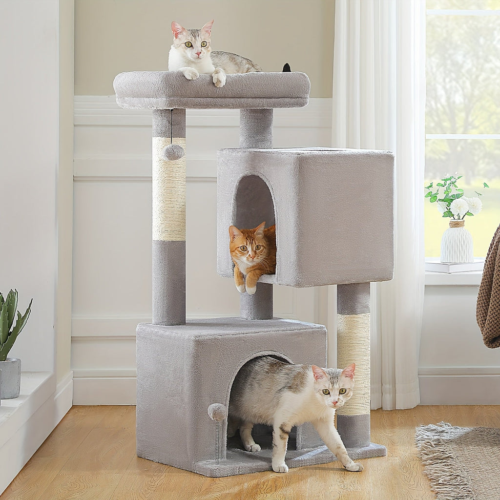 Cat Tree with Two Spacious Condos, 31.5 or 44 Inch Indoor Cat Tower with Washable Top Perch, 3.4 Inch Thick Scratching Posts and Two Play Toys