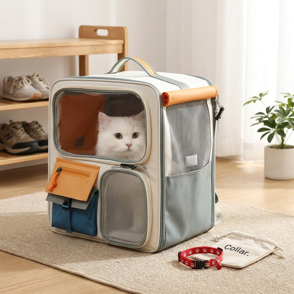 Cat Carrier Backpack with Collar Set, 11.89-Gallon Ventilated Pet Travel Bag for Cats and Dogs Under 27.56 lbs, Everyday Outings