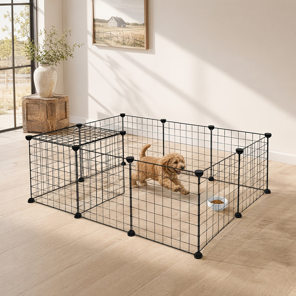 Small Animal Playpen with 12 Modular Wire Panels, Black Indoor Exercise Fence with ABS Connectors and Mallet for Supervised Pet Exploration
