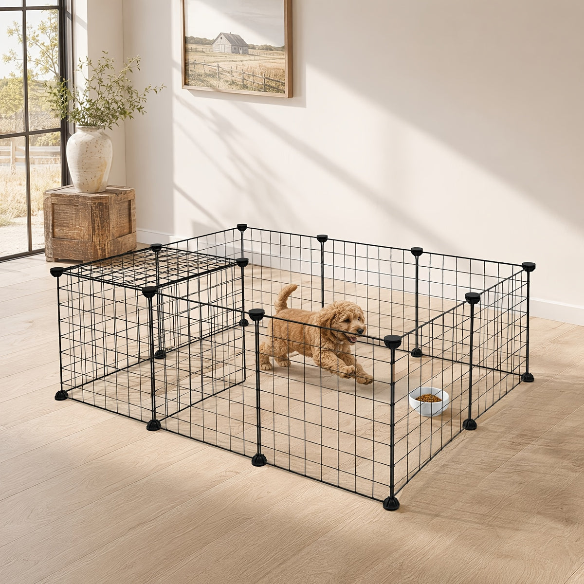 Small Animal Playpen with 12 Modular Wire Panels, Black Indoor Exercise Fence with ABS Connectors and Mallet for Supervised Pet Exploration