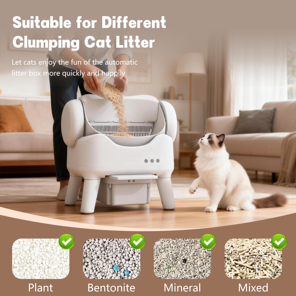 Open Top Self Cleaning Litter Box in White, Automatic Cat Toilet with High Sides, Low Noise Operation and 3.96 Gallon Waste Drawer