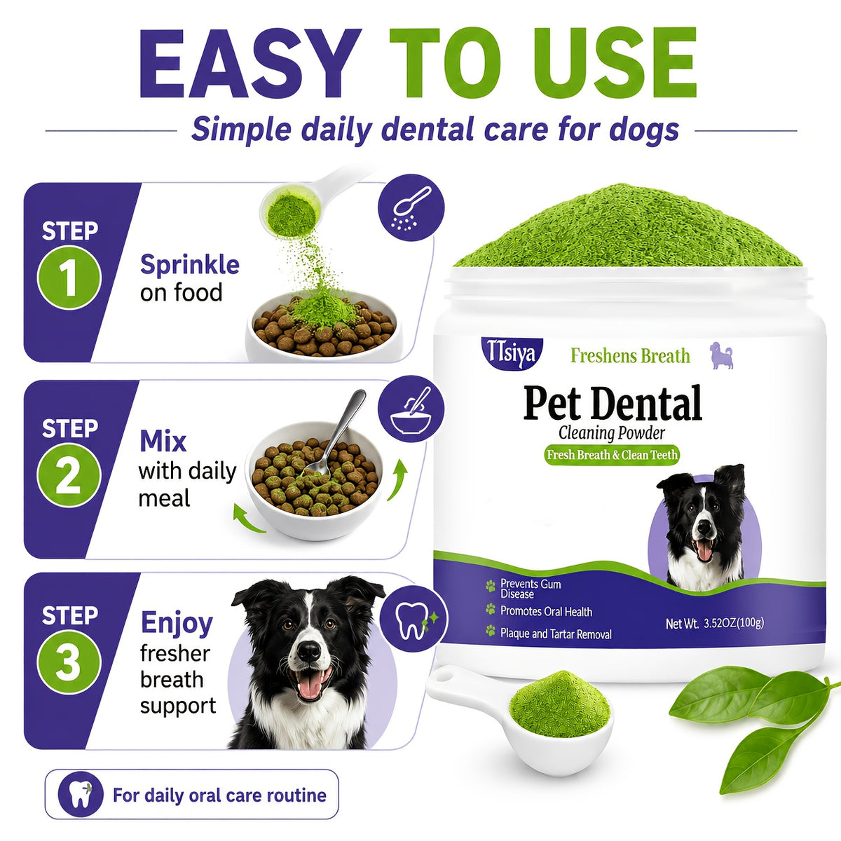 Dog Teeth Cleaning Powder 100g, Sprinkle-on-Food Pet Dental Care Powder for At-Home Canine Oral Hygiene and Everyday Meal-Time Care Routines