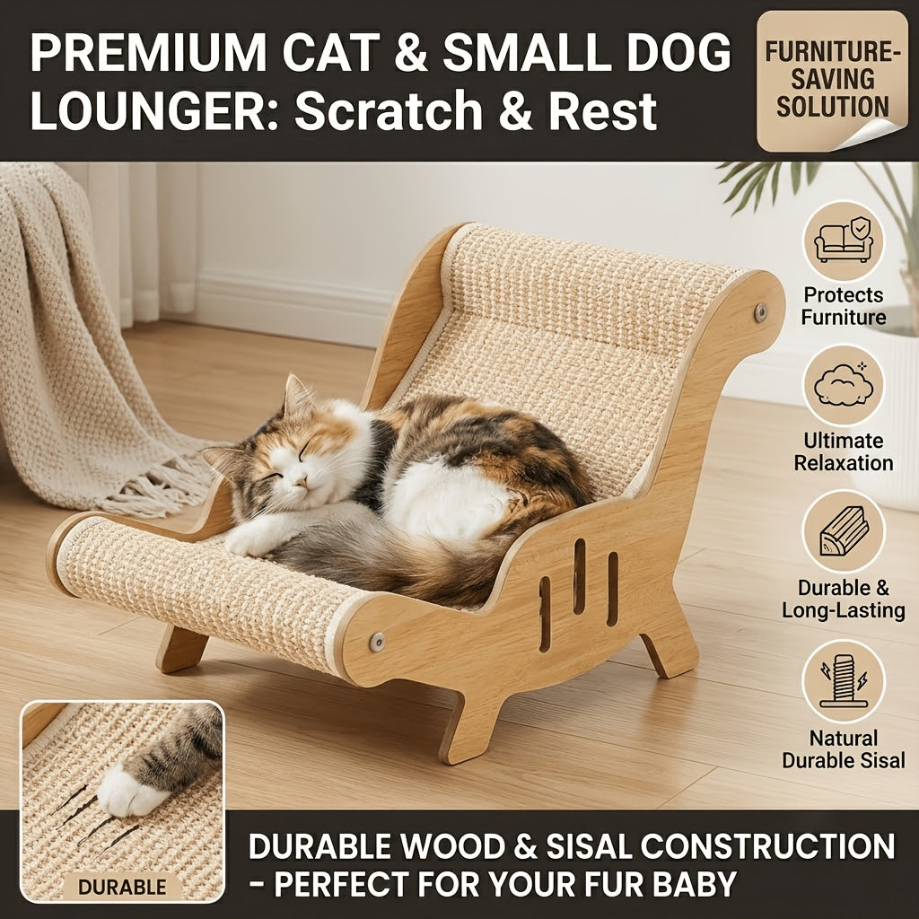 Cat Lounger Chair with Sisal Rope Scratching Bed, Elevated Hammock-Style Pet Beach Chair in Brown for Indoor Napping, Stretching and Relaxing