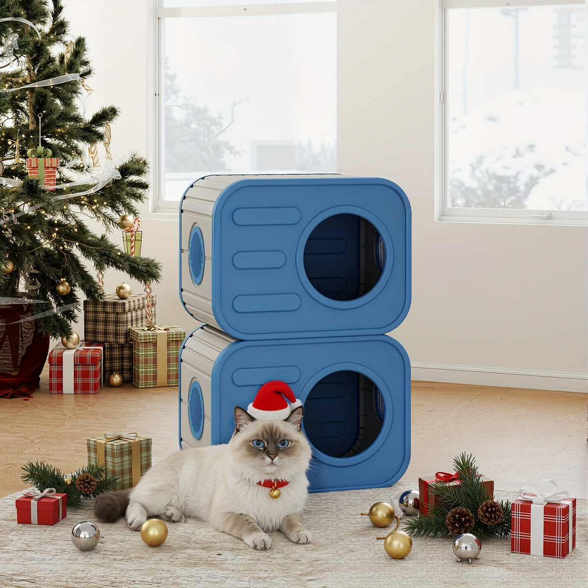 Blue Resin Cat House for Indoor and Outdoor Use, Easy-to-Assemble and Easy-to-Clean Pet Resting Shelter, 20.83 x 14.21 x 15.91 Inches